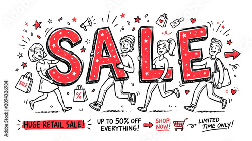 Foto Shoppers carrying large letters spell out the word sale in this festive retail promotional graphic