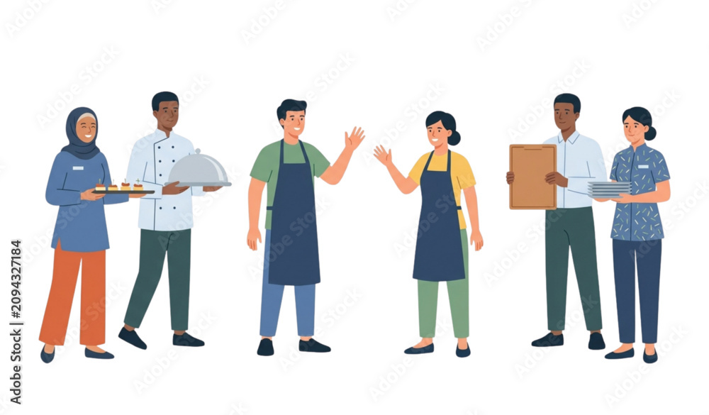 Fototapeta premium Catering Service Team Character Collection Flat Vector Illustration