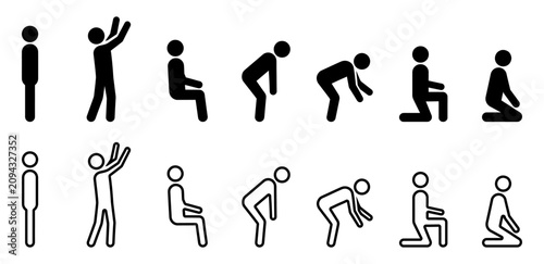 Quadro su tela Stick figure man icons silhouettes showing  standing, sitting, bending, and knee