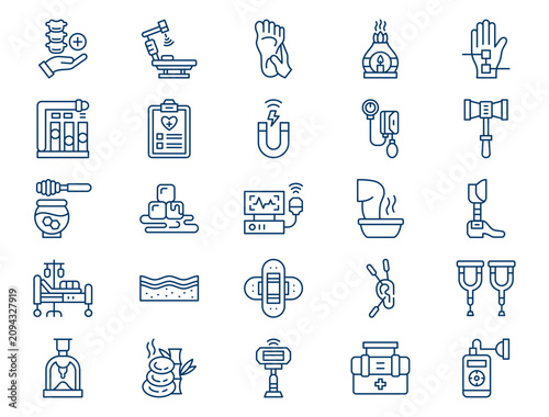 Clinical physiotherapy medical rehabilitation outline collection presents detailed healing therapy elements. Health concept
