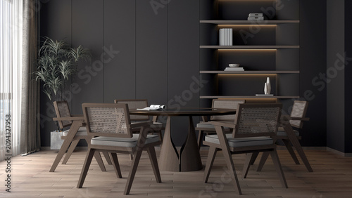 The modern tropical interior design of house and dining room interior and wooden dining table and chairs and black wall background. 3d render