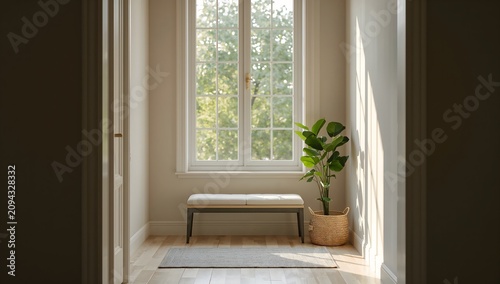 Bright hallway with modern bench large window and potted plant