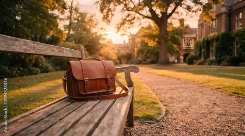 Brown leather bag sitting on wooden bench at sunset on pathway