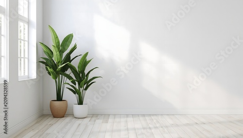 Minimalist empty room with white wall wood floor and potted plants