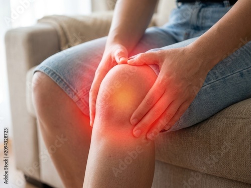 Woman experiencing knee pain with localized inflammation during a bright indoor setting with a shallow depth of field