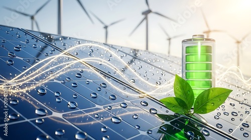 Renewable energy ecosystem with solar panels, battery, wind turbines, and green leaves