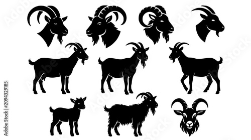 Bild auf Leinwand Goat silhouettes vector set featuring detailed heads with curved horns standing