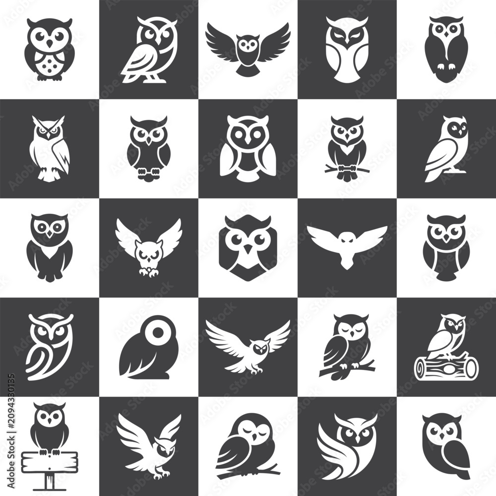Fototapeta premium Owl Silhouettes Collection White On Dark Gray Background