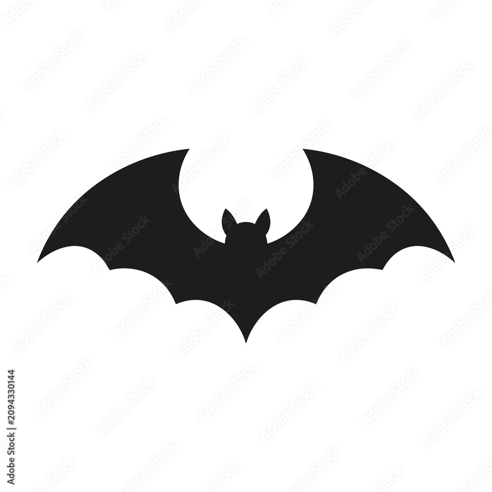 Fototapeta premium Black bat silhouette flying wings spread on white background symbol