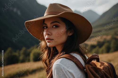 woman traveler with backpack holding hat
