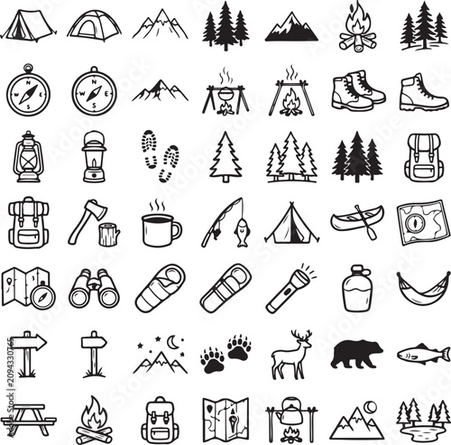 Camping and Hiking Outdoors Hand Drawn Doodle Icons Set