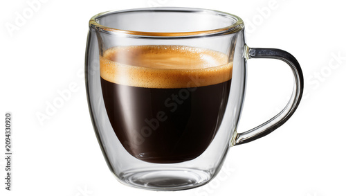 Φωτογραφία Isolated double-walled glass mug with rich dark espresso and golden crema in tra