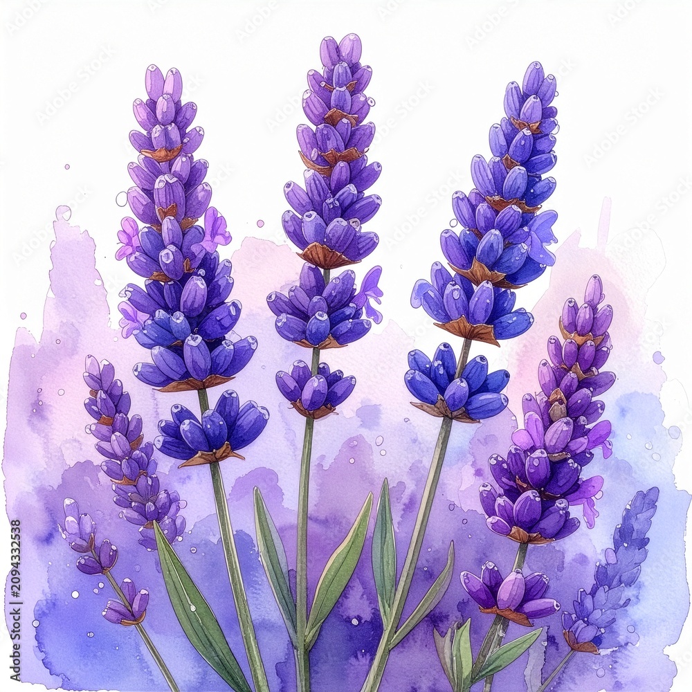 Fototapeta premium Watercolor illustration of beautiful purple lavender flowers isolated on white background