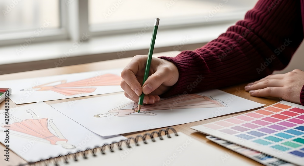 Naklejka premium Close-up of a fashion designer's hands sketching new apparel collections, showcasing the intricate creative process and artistic talent