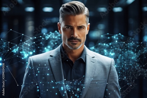 businessman generating wireframe business global network connection on worldwide digital marketing
