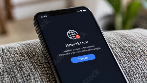 A smartphone showing a network error message on its screen indicates a failure to connect to the internet or a loss of wireless signal