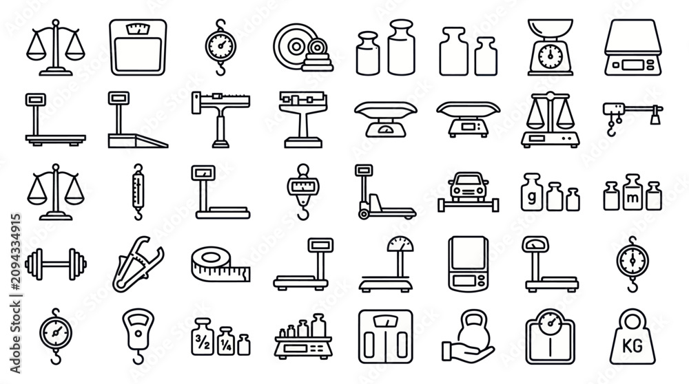 Fototapeta premium Industrial and commercial weighing scale line icon set.