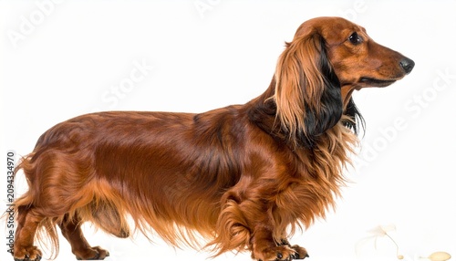 Long‑haired reddish‑brown dachshund standing on white background showing elegance and distinctive breed features.
