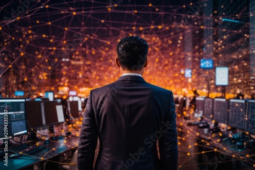 businessman generating wireframe business global network connection on worldwide digital marketing