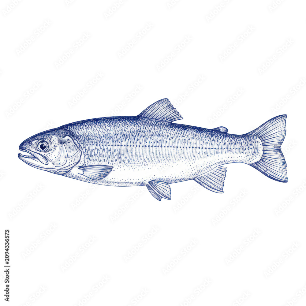 Obraz premium Detailed side profile of a trout rendered in deep blue pen and ink with intricate cross-hatching and stippling on a solid white background, scientific illustration