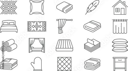 Home textile and bedding line icon set featuring pillows blankets curtains mattresses towels and bedroom vectors