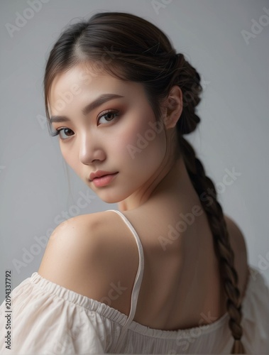 Asian woman with white dress, Facial treatment, skin care, Cosmetology