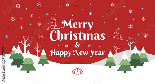 Merry christmas and happy new year festive holiday greeting card with snowy landscape and trees