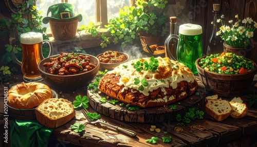 Feast of Irish food and drink on a rustic wooden table with bright green accents