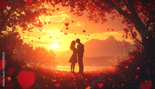 Romantic couple embracing under an arch of trees, sunset backdrop, with floating hearts
