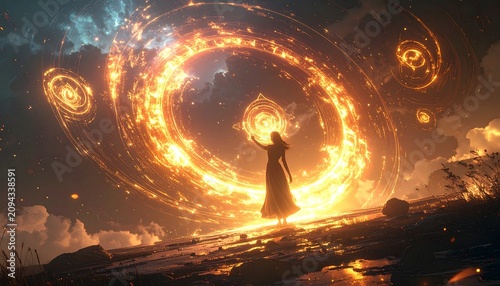 Woman silhouetted against a luminous energy portal and swirling celestial patterns