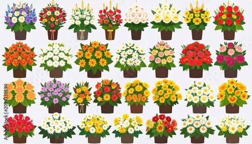 A variety of colorful flower arrangements in brown pots, all on a white background