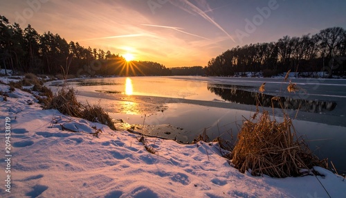 Winter sunset over a frozen lake, snow-covered shoreline, and silhouetted trees