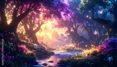 Vivid forest scene; river flows through colorful trees, bathed in radiant, soft light