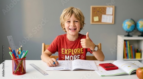 A joyful young student boy sitting at white desk doing school homework giving thumbs up with happy expression in home study room background featuring globes and stationery for education success goals.