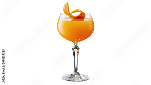 Bild auf Leinwand Isolated bright orange cocktail or juice in a chic glass with a twisted fresh or