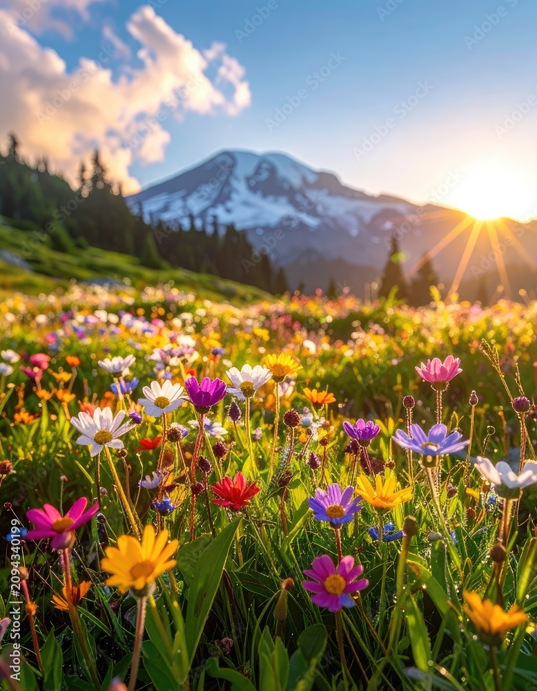 Obraz premium A vibrant field of wildflowers blooms with a snow-capped mountain in the background under a golden sunrise.