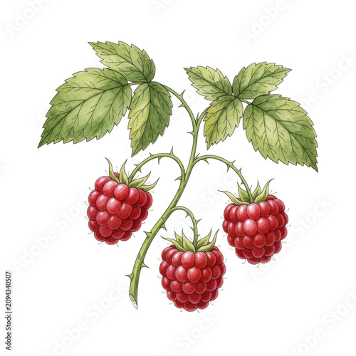 Botanical illustration of three ripe crimson raspberries with thorny green stems and detailed serrated leaves on a white background, scientific harvest study