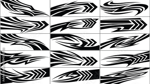 Collection of 15 black tribal flame and arrow on white background, abstract