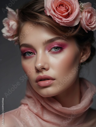 Radiant Pink MakeUp on Skin Serene Portrait Radiates Elegance and Beauty