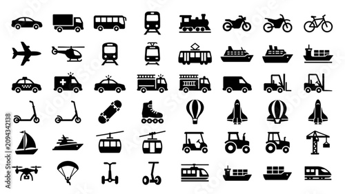 Vehicle Icon Set with Transportation and Mobility Symbols