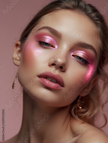 Radiant Pink MakeUp on Skin Serene Portrait Radiates Elegance and Beauty