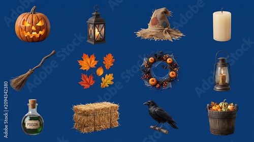 Assorted Set of Traditional Halloween Decoration Elements Featuring Pumpkins Lanterns Autumn Leaves and Spooky Festive Objects