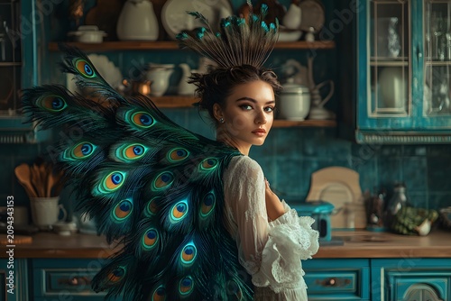 peacock feathers feather cape fashion haute couture avantgarde extravagant glamorous luxury elegance woman portrait in a dramatic artistic setting