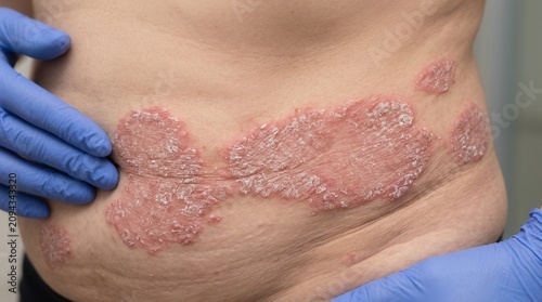 Severe chronic psoriasis plaques on a patient torso showing red inflamed skin with silver scales being examined by a healthcare professional in blue nitrile gloves for medical diagnosis and treatment.