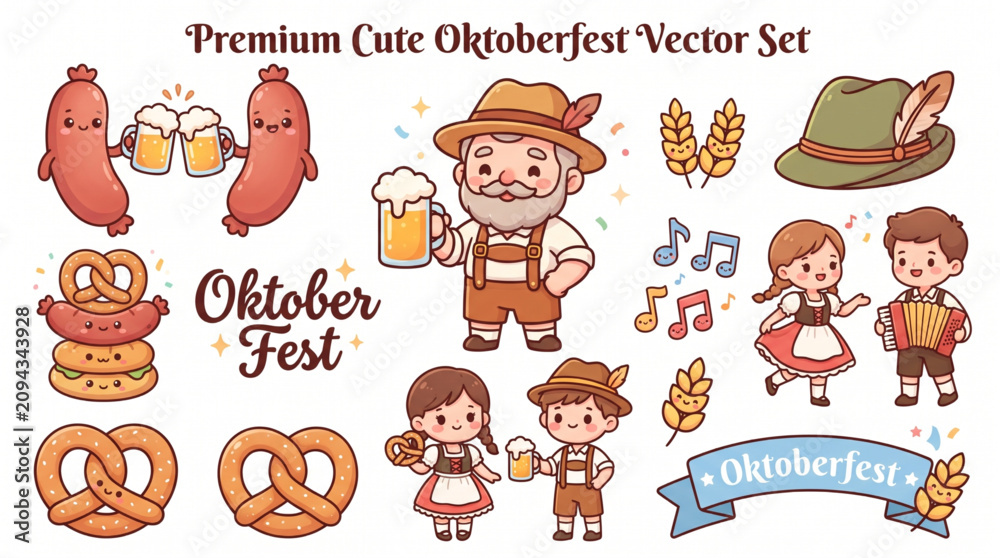 Obraz premium Kawaii Oktoberfest Elements Collection Flat Cartoon Festival Vector Illustration