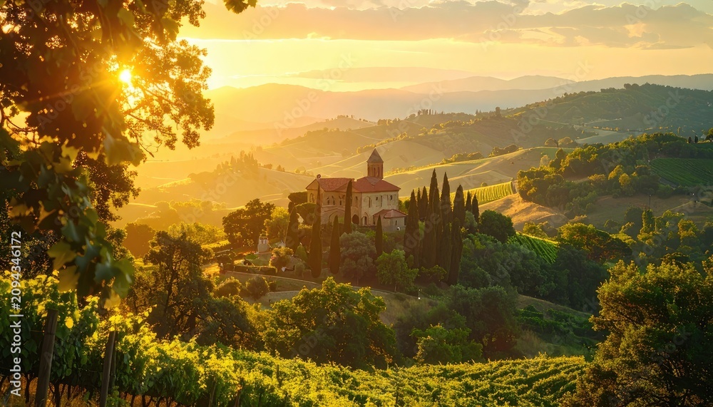 Obraz premium Golden sunset illuminates a Tuscan villa surrounded by vineyards and rolling hills.
