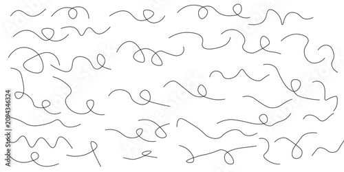 Modern abstract dynamic squiggle lines and wavy loops set. Hand Drawn Elegant Curved Lines. Unreadable handwritten scribble seamless pattern, black and white abstract lettering imitation. 