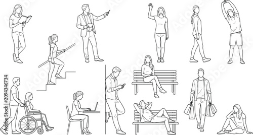 People Daily Activities Line Art Character Set with Everyday Lifestyle and Human Poses Collection