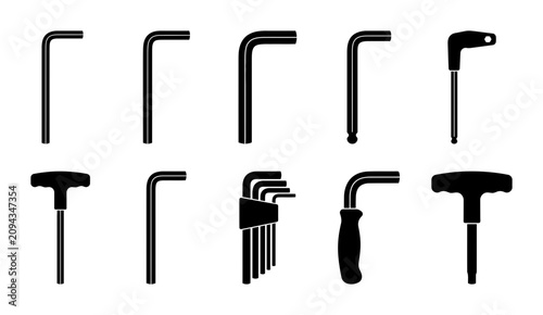 Hex Key Allen Wrench Tool Silhouette Pack Including Various L-Shaped And T-Handle Industrial Fastener Accessories