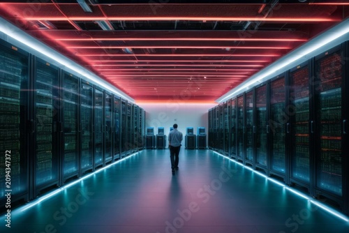 A modern data center with racks of servers, cooling systems